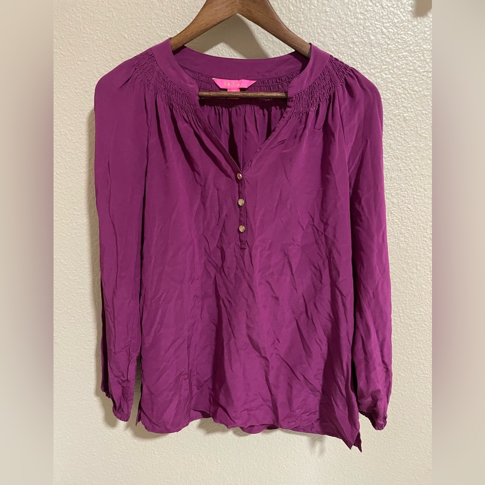 Lilly Pulitzer Elsa silk Chic Plum Popover Blouse with Gold Button Details